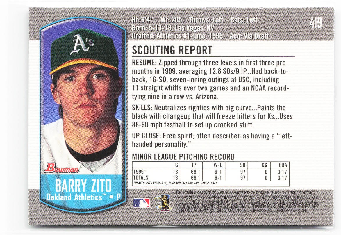 Barry Zito 2000 Bowman #419 RC Oakland Athletics Rookie SK733 | eBay