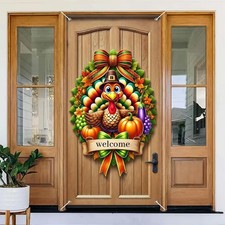 Thanksgiving Door Banner 35x71 Inch Fall Turkey Pumpkin Welcome Porch Decorat...