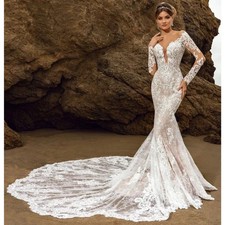 IS-NWT US6 Deep V Wedding Dresses Long Mermaid Long Sleeve Lace Train Appliques
