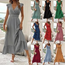 Women's Summer Long Party Dress Holiday Beach Elastic Waist V Neck Maxi Dresses