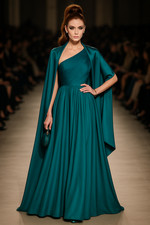  990 BADGLEY MISCHKA One-Shoulder Georgette Satin Gown sz 4 Teal Prom Shawl