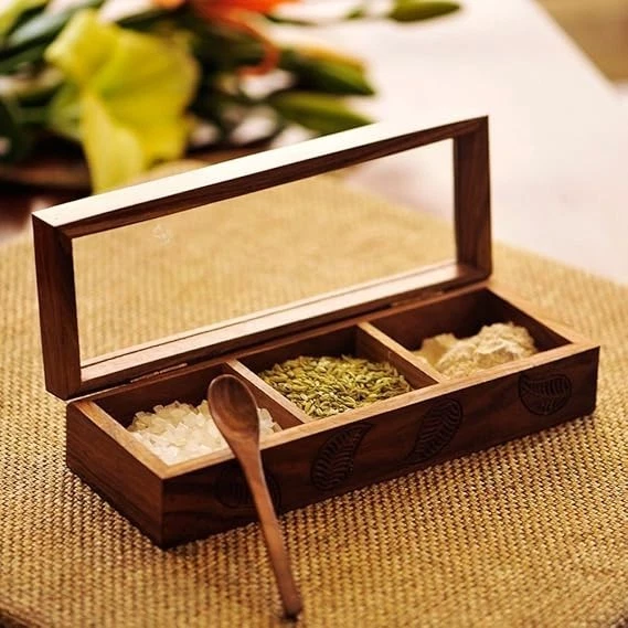 Handcrafted Sheesham Wood Spice Box Glass Lid Masala Dabba 3 Section Storage Jar