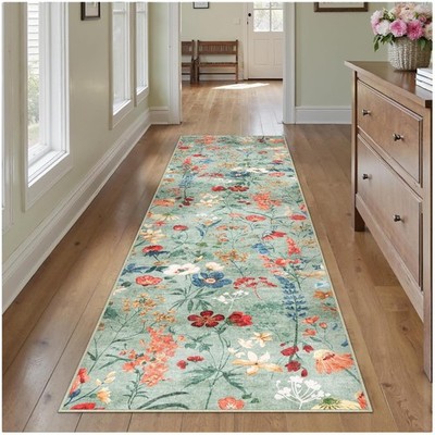 Stilvoller Flurläufer Teppich - Grün - Blumenmuster - Modernes Design - 60x240cm
