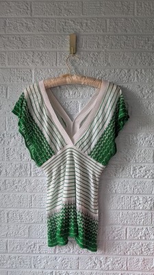 Y2K Green White Stripe Knit V-neck Short Sleeve Sweater Chevron Hem