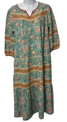 La Cera Orange/ Green Print Lounge Dress Midi 3/4  Sleeves  Cotton M Faux Lace