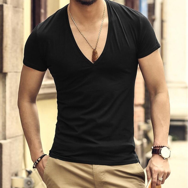 Sexy Men's Summer Deep V-neck Slim Fit Short Sleeve Cotton Casual T ...