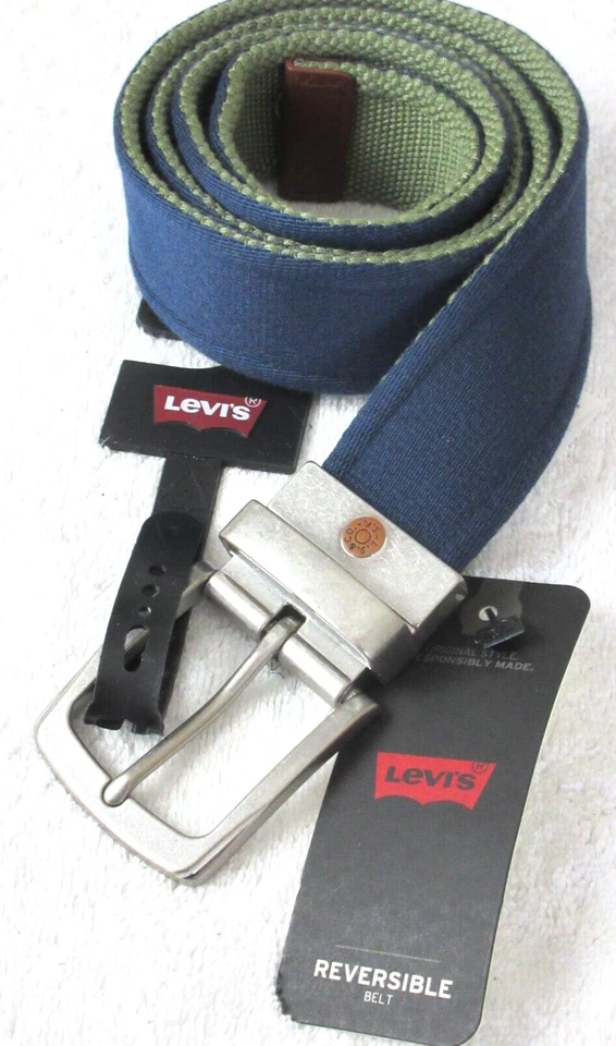 Levi's 男式双面帆布腰带海军蓝橄榄绿色金属标志扣全新带标签 — 第 3/4 张图片