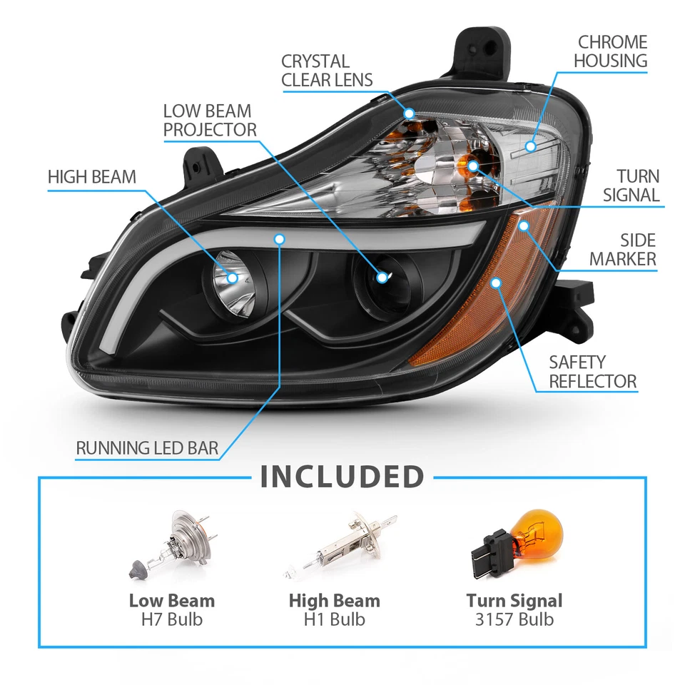 [LED Bar] For 2015-2018 KENWORTH T-680 Black LED Bar Projector Headlights pair Foto 4 de 4