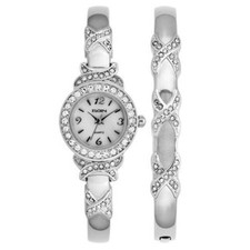Elgin Women's XO Watch And Bracelet Bangle Set, Silver tone EG9020