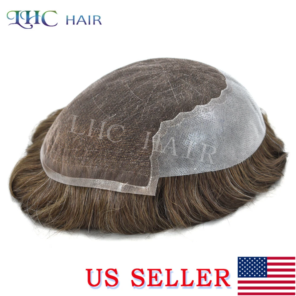 Swiss Lace Front Mens Toupee Human Hair Replacement System Skin PU Hairpiece Wig - Image 4 of 4