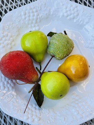 Vintage Sugar Bead Pears and Hard Plastic Pears 3'' 5 Total
