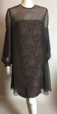 1980s Vintage Travilla YT Brown Sheer Draped Chiffon Gold Lace Cocktail Dress XS