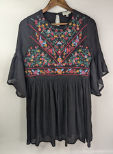 Umgee Embroidered Floral Boho Peasant Babydoll Black Dress Sz Small CottageCore