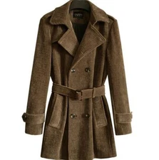 Military Retro Trench Corduroy Mens Double Breasted Lapel Belt Peacoat Coats New