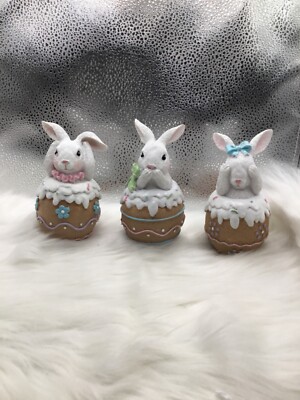 New Hodao 3 Egg Easter Bunnies Resin Figurines Hear Speak See No Evil 5 inch