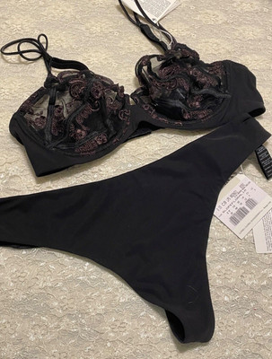 La Perla Floralia 34B S Full Coverage Bra Thong Set Black
