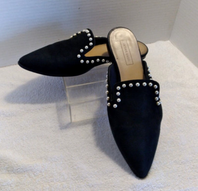 Antonio Biaggi Black Suede Flats Opened Heal Studded Pearl Beads US Size 8.5