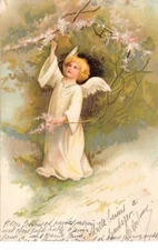 Angel - No. 66095 - Angel Picking Flowers From A Branch - Folded Card Sold