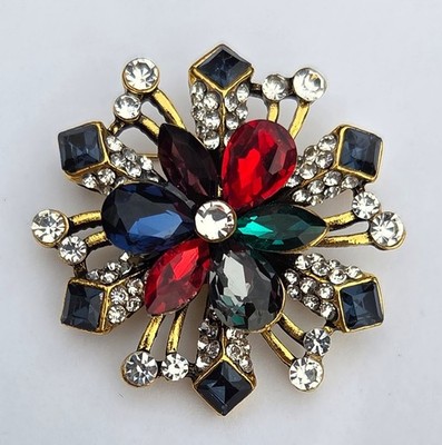 Brosche goldfarben mehrfarbig Kristall Blumen klein rund 3,8 cm