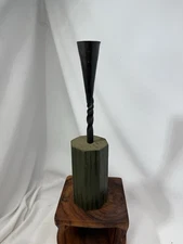 VTG Folk Art Wood And Hand Wrought Iron Candleholder Primitive Style