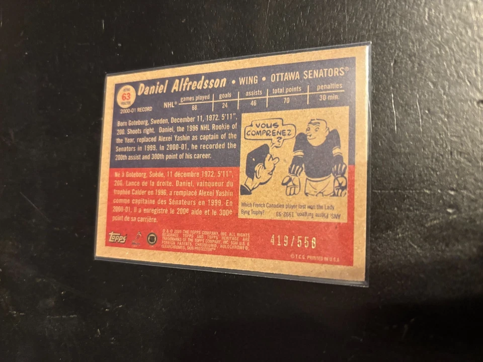 2001/2 Topps Heritage Retrofractor Daniel Alfredsson Ottawa Senators 419/558 - Image 2 of 2