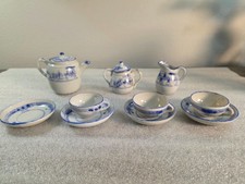 Vintage Mini Child s Toy Tea Set Ceramic Teapot, Cups, Saucers, Creamer, Sugar