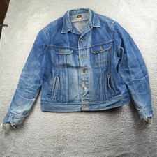 Vintage Lee Jacket Men 48L Long Blue Denim Trucker Rider Distressed Faded Cowboy
