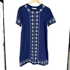 Tory Burch Navy Shift Dress M Women Embroidered Rhinestone Aztec Quiet Luxury