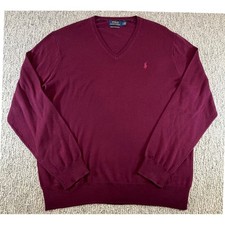 Polo Ralph Lauren V-Neck Sweater Mens Large Burgundy Washable Merino Wool Pony