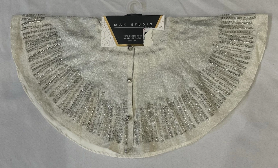 Christmas Tree Skirt NWT 22” Table Top Beaded Sparkle Max Studio Silver Gray - Image 3 of 4
