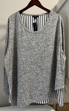 NWT Lane Bryant Women 26/28 Mixed Fabric Top Asymmetric Gray Sweater Navy Stripe