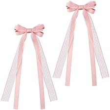 2Pcs Pink Lace Hair Bows Cute Coquette Bow Clips Long Tail Ribbon Bowknot Bar...