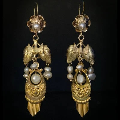 Rare Napoleonic Era Gold and Pearl Drop Earrings Ref: 491632 - Image 1 of 4