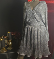 BCBG Paris Silver Metallic Pleated Lined Cocktail Dress Large