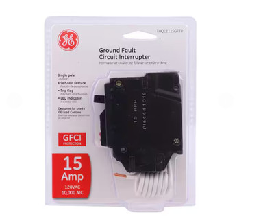 GE 15 Amp Single Pole Ground Fault Breaker with Self-Test GFCI THQL1115GFTP New