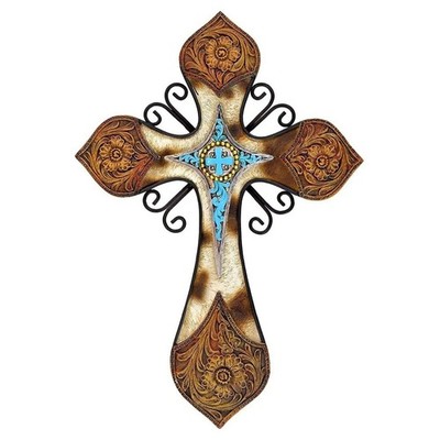 AMAJY Rustic Western Style Cowhide Faux Tooled Leather Wall Cross with Turqoi...