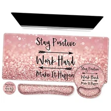  Mouse Pad,Large Pink Desk Mat Set, 4in1 XXL Mousepad + 1-Pink Stay Positive