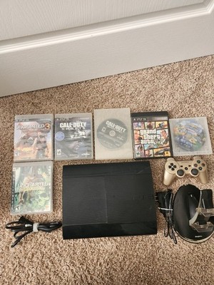 Sony PS3 Super Slim Black Console Bundle w/ Controller, Cables, & 6 Games