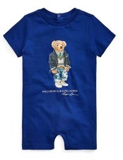 NWT RALPH LAUREN POLO BEAR BOYS BLUE GRAPHIC SHORT SLEEVE ONE PIECE ROMPER 9 MON