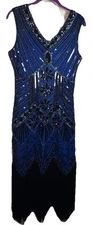 1920s Flapper Style Dress Small Blue Black Beaded Sequins Fringed Gatsby Sparkly