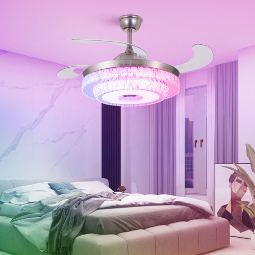 42"Bluetooth Invisible Ceiling Fan 7-Color LED Crystal Chandelier w/Music Player - Picture 5 of 18