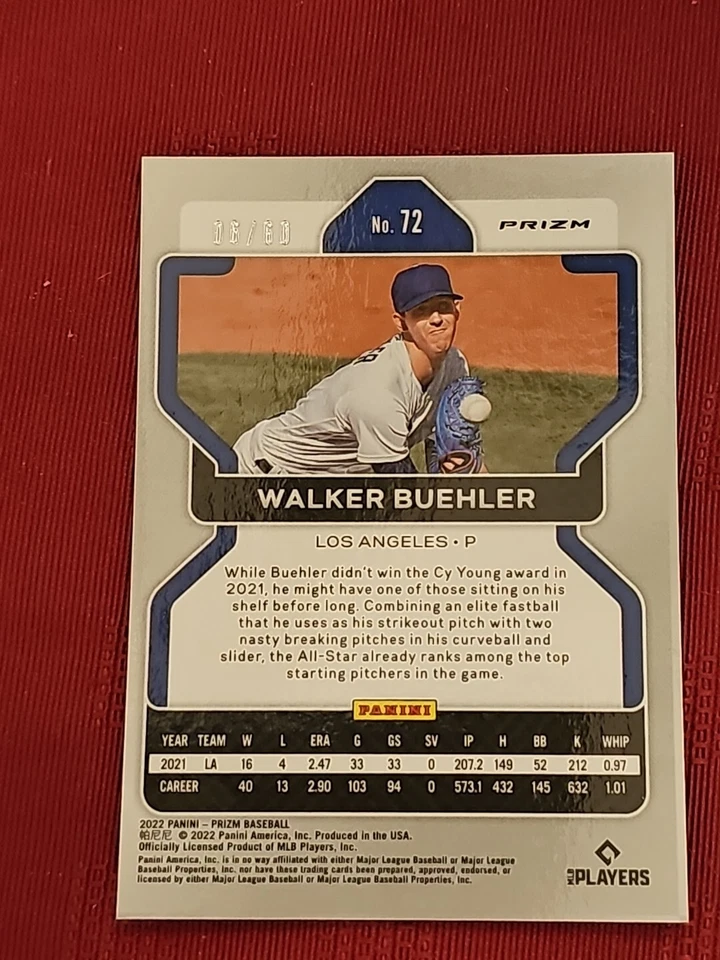 2022 Panini Prizm Walker Buehler #72 BLUE PRIZM 6 /60 - Los Angeles Dodgers - Image 3 of 4