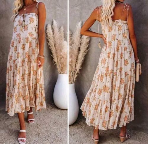 Storia Floral Multi-Tiered Tassel Strapped Midi Dress Sz Large Spring Boho Flowy