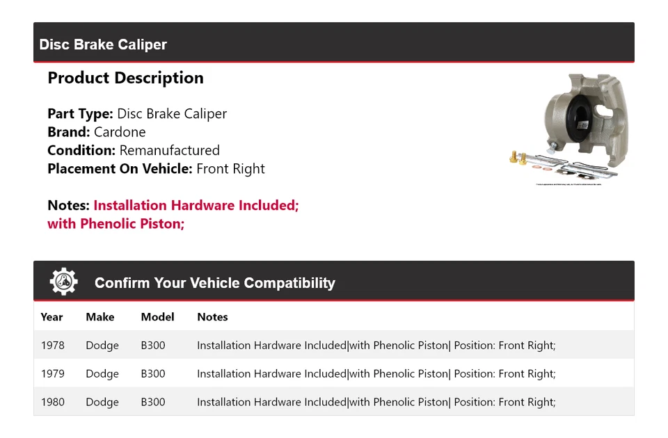 For 1978-1980 Dodge B300 Disc Brake Caliper Front Right Cardone 1979 - Image 2 of 4