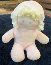 Eden Pink Terry Cloth Doll Lovey 8 White Bonnet Yellow Yarn Hair Rattle