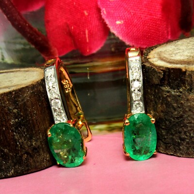 AAA+ Emerald Oval Cut Stone 925 Sterling Silver Gold Plated Women Stud Earrings