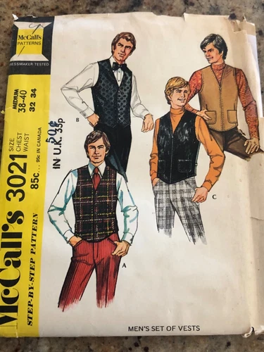 ? 1971 McCALL'S #3021 - MEN'S RETRO FORMAL or CASUAL VEST PATTERN  SM-LG  FF