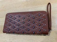 MMS Tan Brown Faux Leather w/ Silver Studs Wristlet Clutch Wallet - 9" x 4.5"