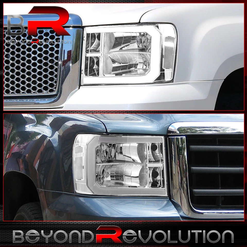 For 2007-2014 GMC Sierra Chrome LED DRL Tube Headlight Assembly Signal Lamp Pair — 第 2/4 张图片