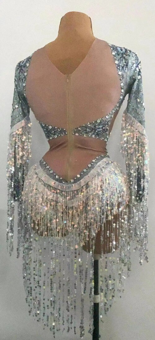 Sparkling Silver Rhinestone SequinTassel Party Bodysuit Dance Jumpsuit Club Bar 
